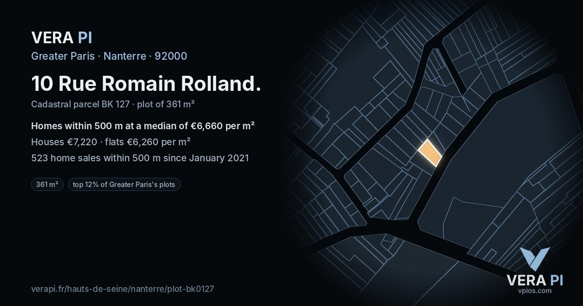 10 Rue Romain Rolland, Nanterre at night – the plot lit, the parcels around coloured by the prices near them