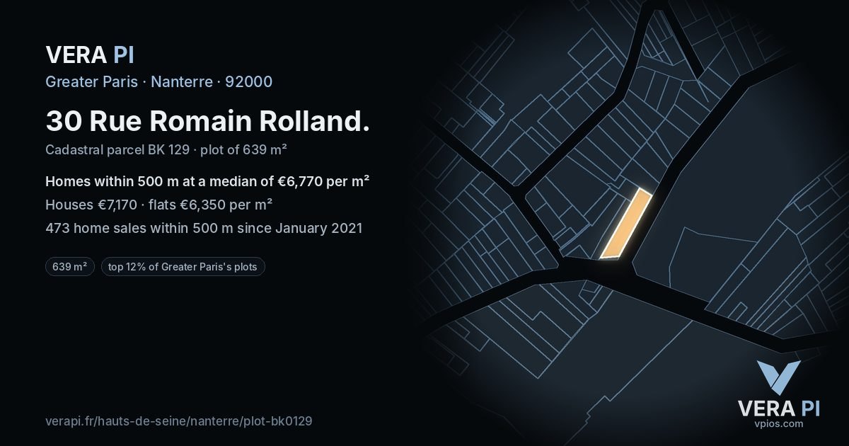 30 Rue Romain Rolland, Nanterre at night – the plot lit, the parcels around coloured by the prices near them