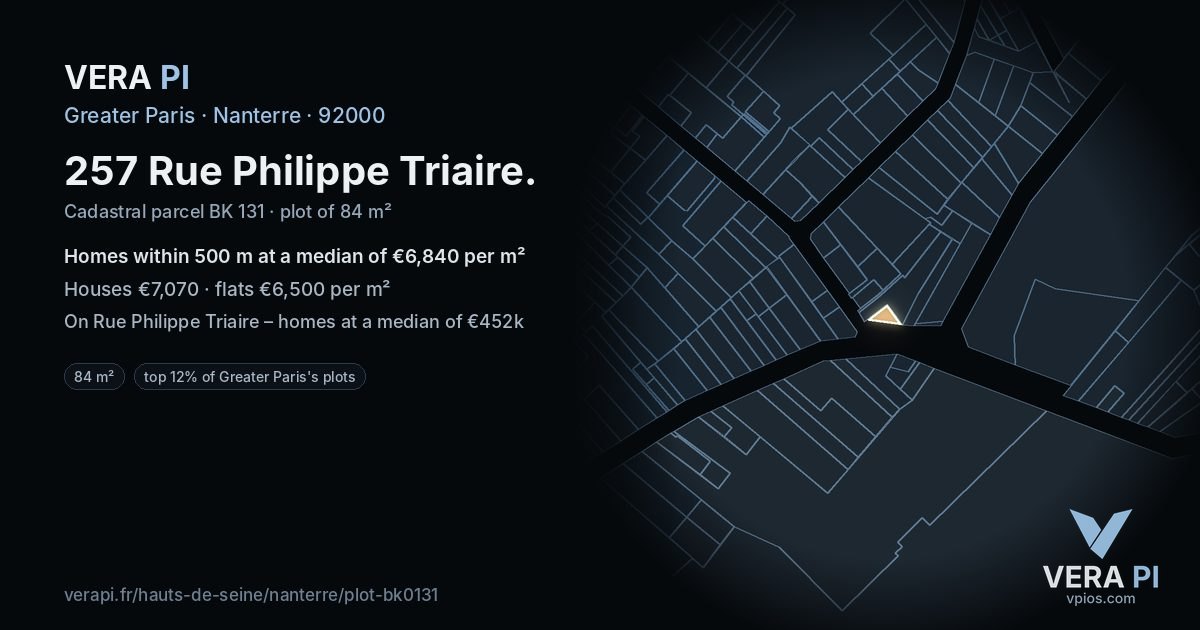 257 Rue Philippe Triaire, Nanterre at night – the plot lit, the parcels around coloured by the prices near them