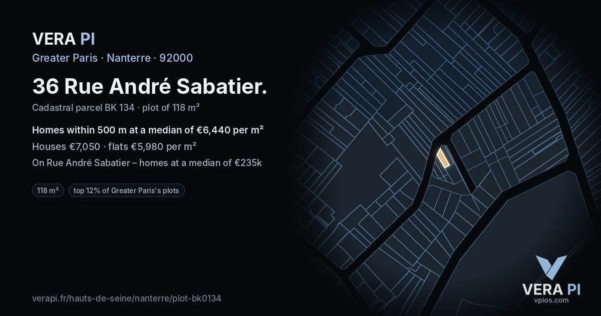 36 Rue André Sabatier, Nanterre at night – the plot lit, the parcels around coloured by the prices near them