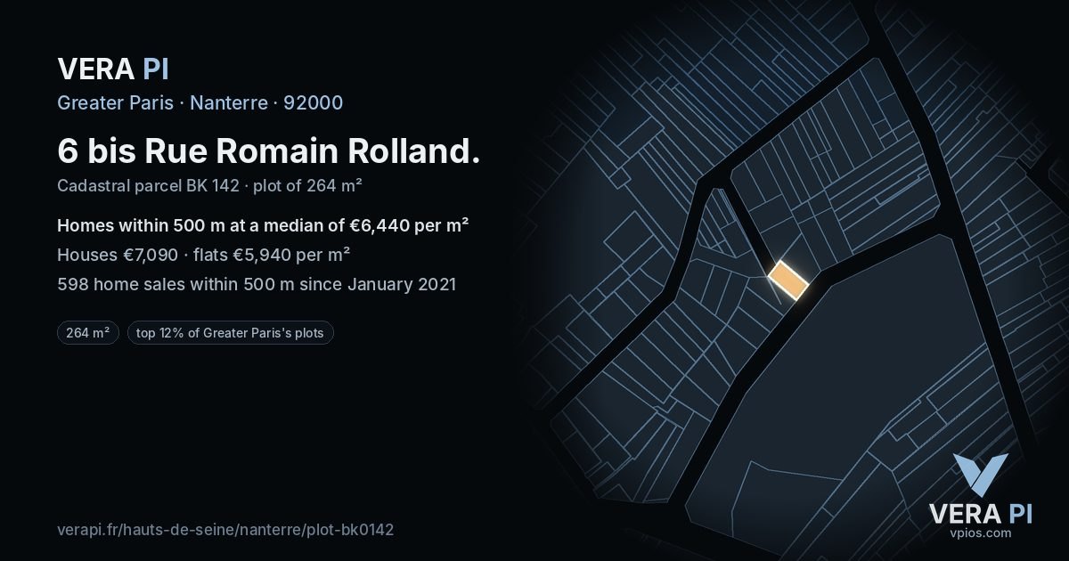 6 bis Rue Romain Rolland, Nanterre at night – the plot lit, the parcels around coloured by the prices near them