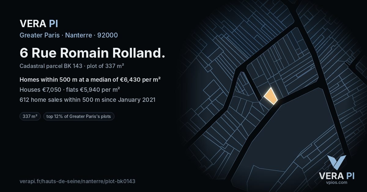 6 Rue Romain Rolland, Nanterre at night – the plot lit, the parcels around coloured by the prices near them