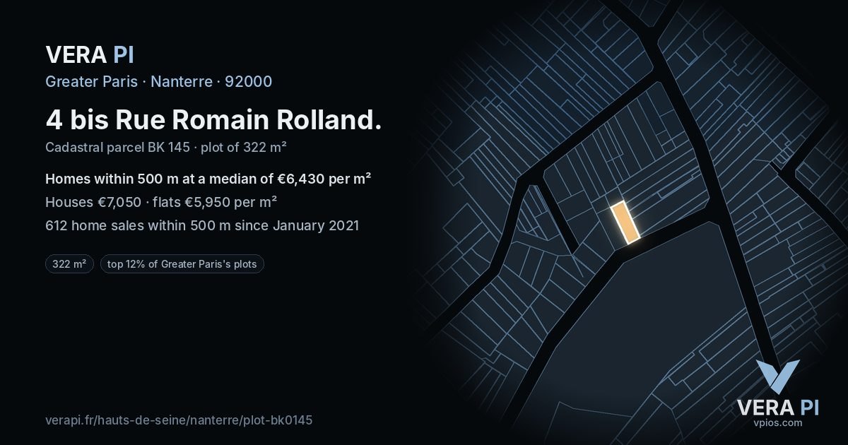 4 bis Rue Romain Rolland, Nanterre at night – the plot lit, the parcels around coloured by the prices near them