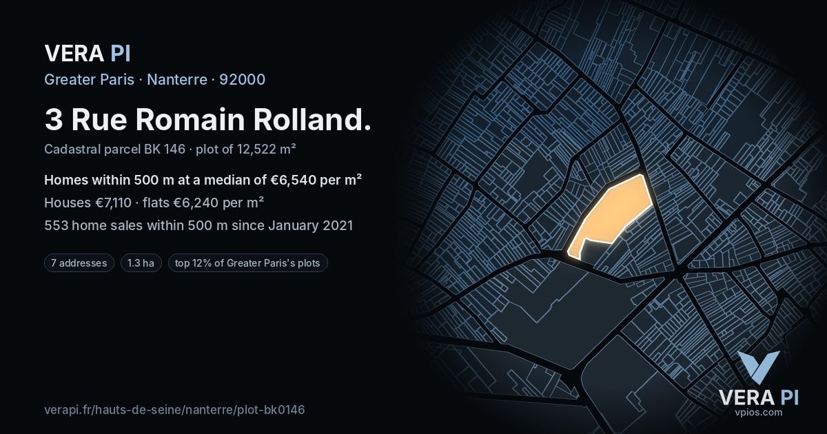 3 Rue Romain Rolland, Nanterre at night – the plot lit, the parcels around coloured by the prices near them