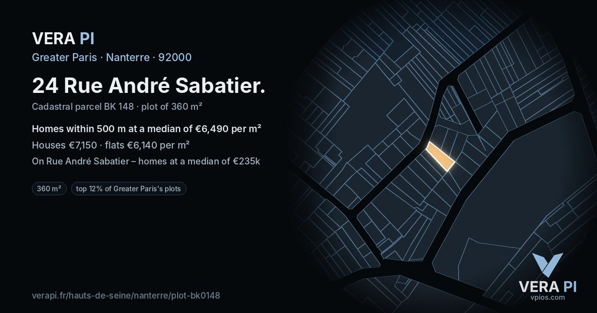 24 Rue André Sabatier, Nanterre at night – the plot lit, the parcels around coloured by the prices near them