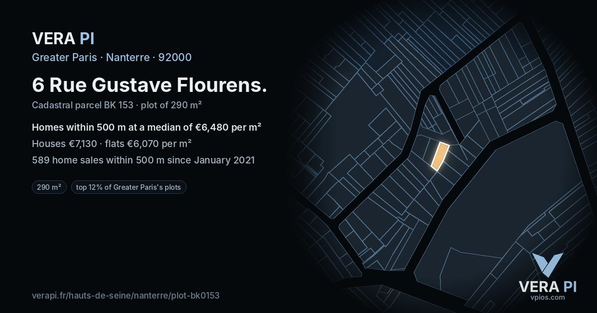 6 Rue Gustave Flourens, Nanterre at night – the plot lit, the parcels around coloured by the prices near them