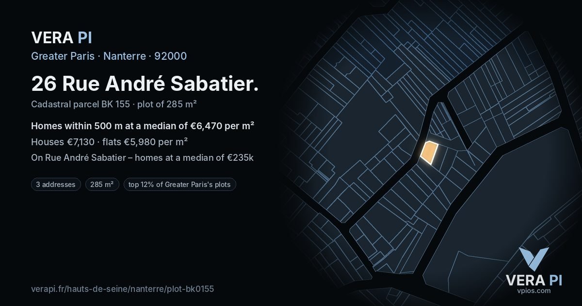 26 Rue André Sabatier, Nanterre at night – the plot lit, the parcels around coloured by the prices near them