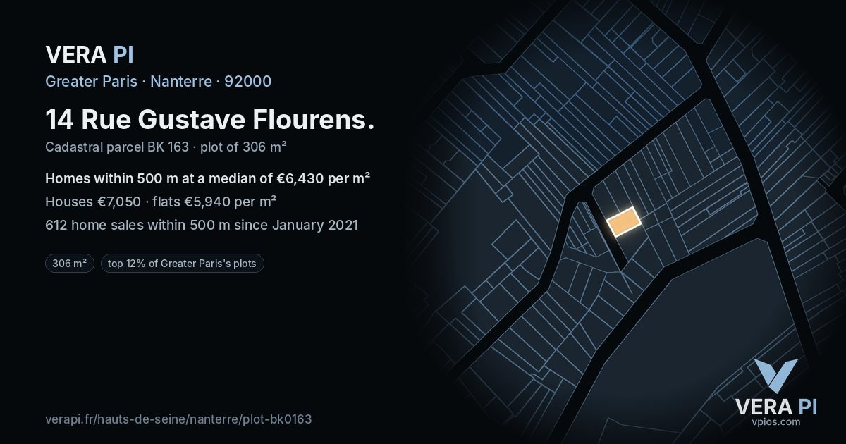 14 Rue Gustave Flourens, Nanterre at night – the plot lit, the parcels around coloured by the prices near them