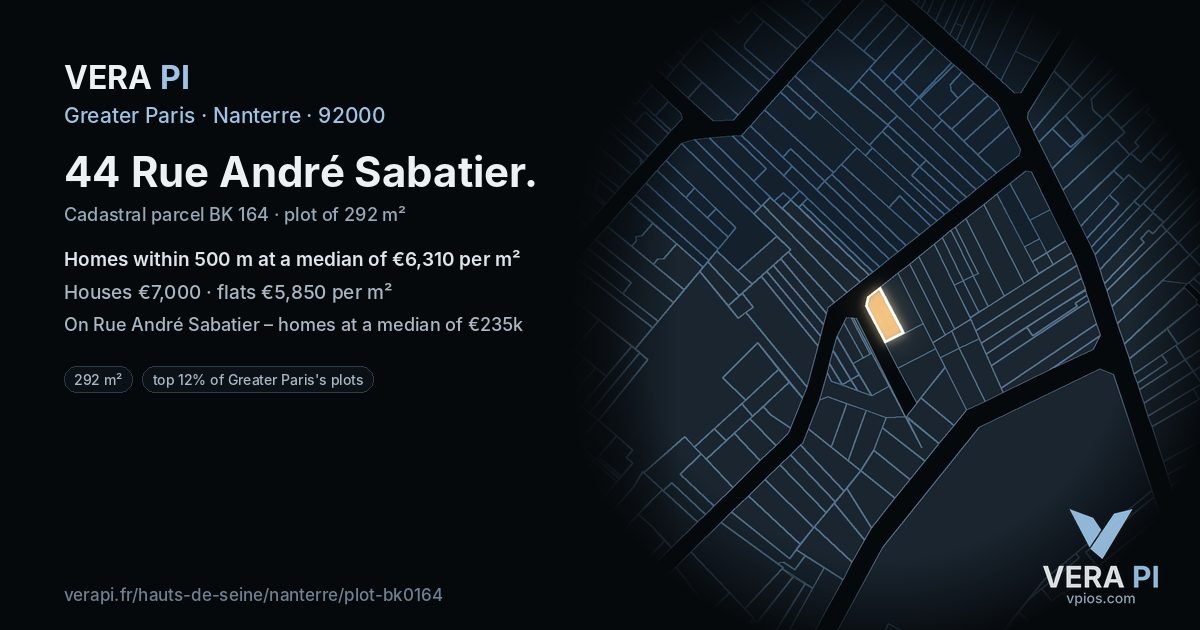 44 Rue André Sabatier, Nanterre at night – the plot lit, the parcels around coloured by the prices near them