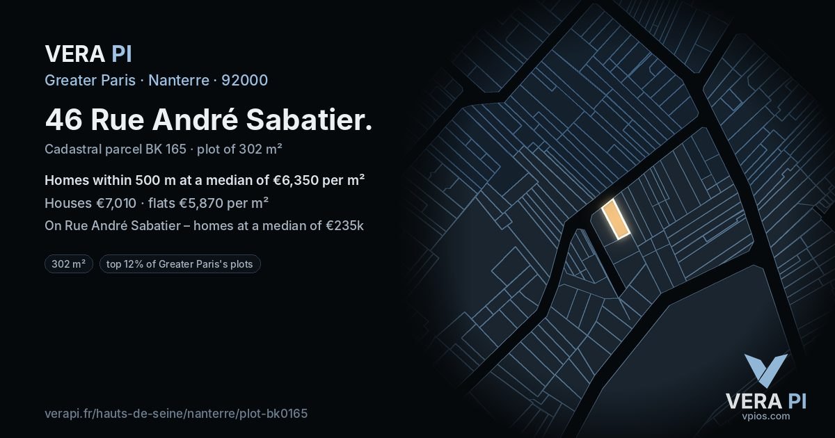 46 Rue André Sabatier, Nanterre at night – the plot lit, the parcels around coloured by the prices near them