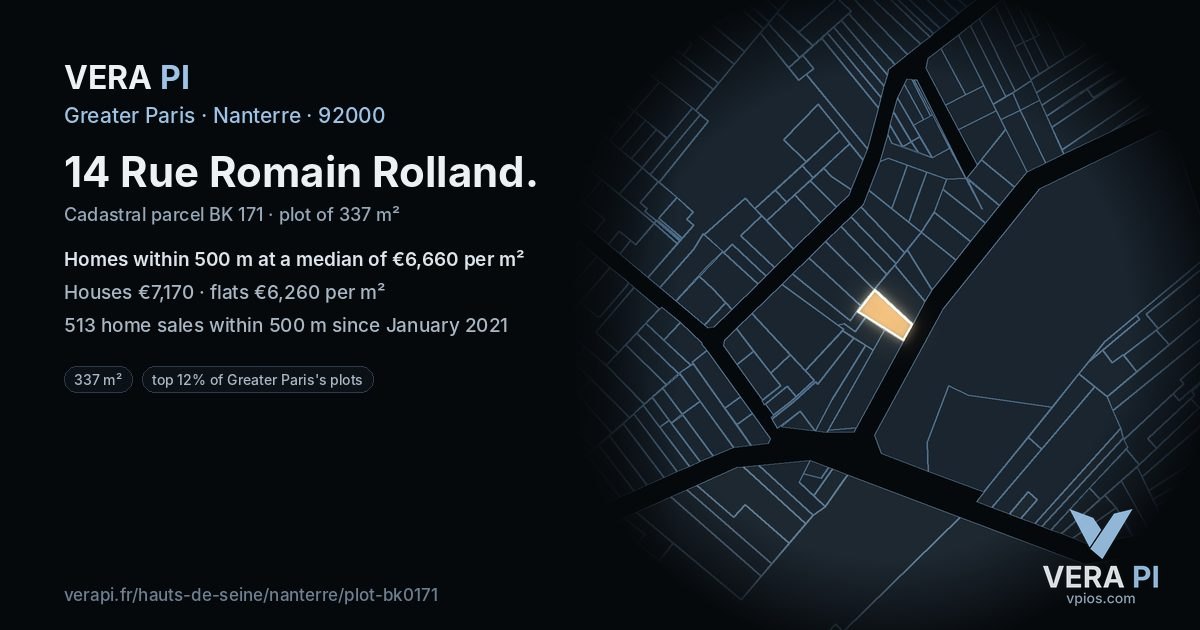 14 Rue Romain Rolland, Nanterre at night – the plot lit, the parcels around coloured by the prices near them