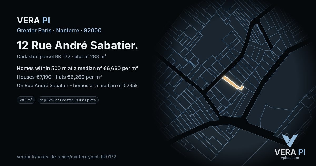 12 Rue André Sabatier, Nanterre at night – the plot lit, the parcels around coloured by the prices near them
