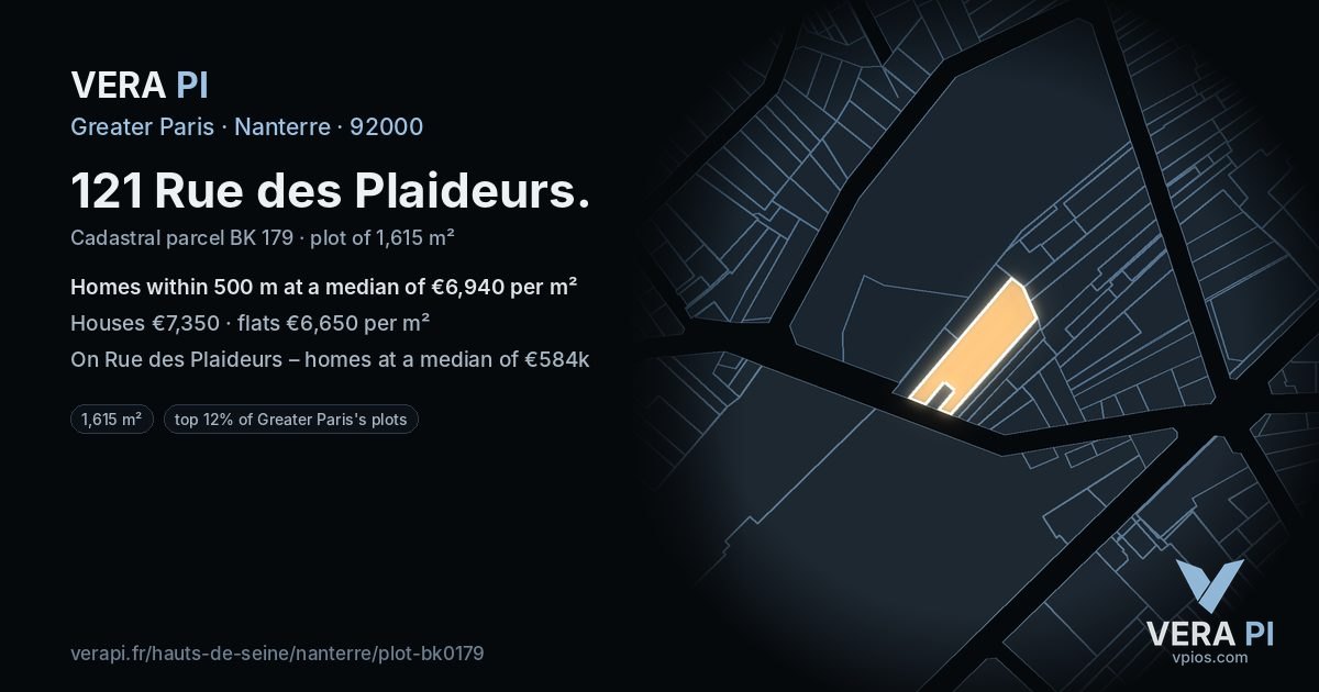 121 Rue des Plaideurs, Nanterre at night – the plot lit, the parcels around coloured by the prices near them