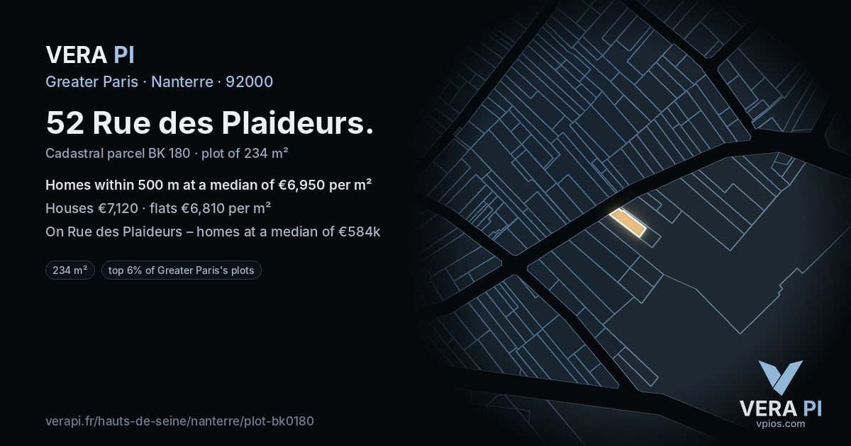 52 Rue des Plaideurs, Nanterre at night – the plot lit, the parcels around coloured by the prices near them