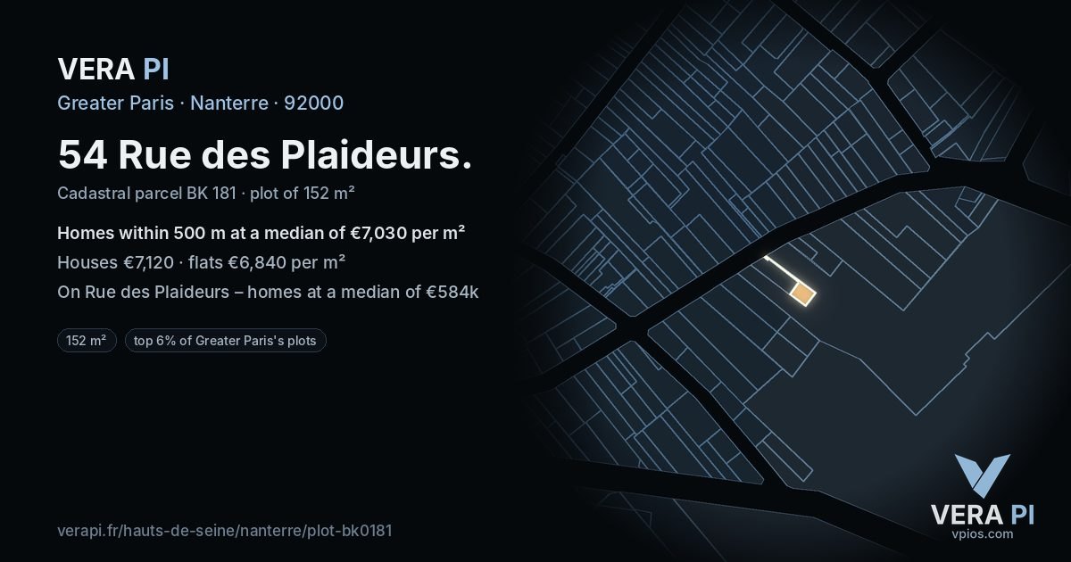 54 Rue des Plaideurs, Nanterre at night – the plot lit, the parcels around coloured by the prices near them