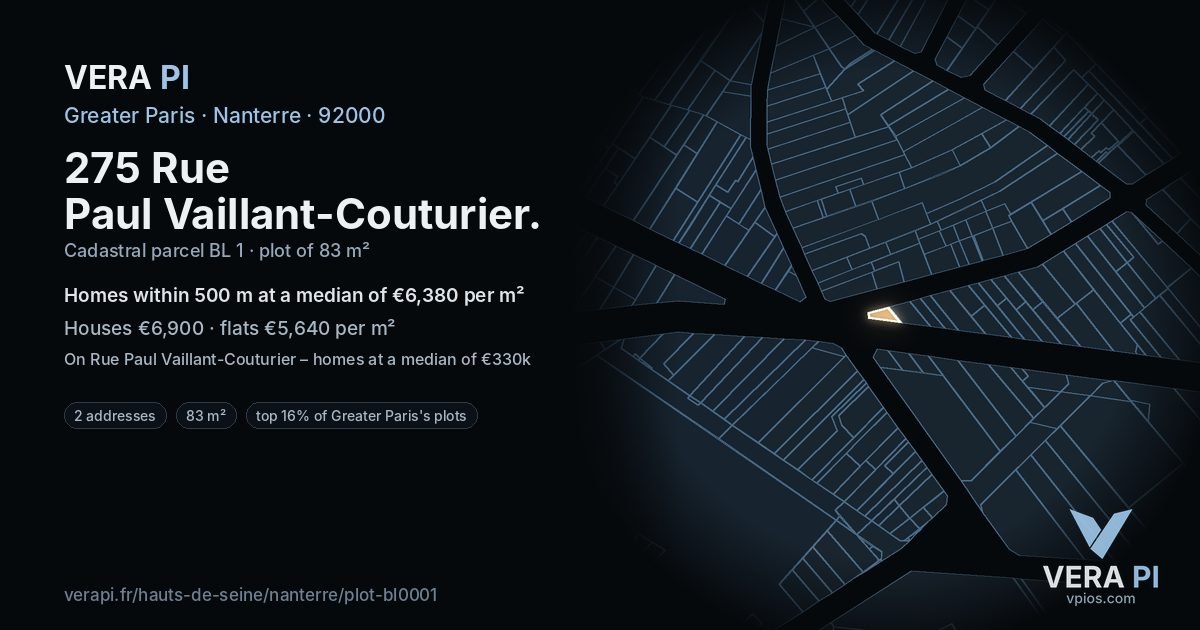 275 Rue Paul Vaillant-Couturier, Nanterre at night – the plot lit, the parcels around coloured by the prices near them