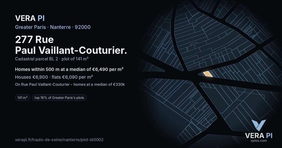 277 Rue Paul Vaillant-Couturier, Nanterre at night – the plot lit, the parcels around coloured by the prices near them