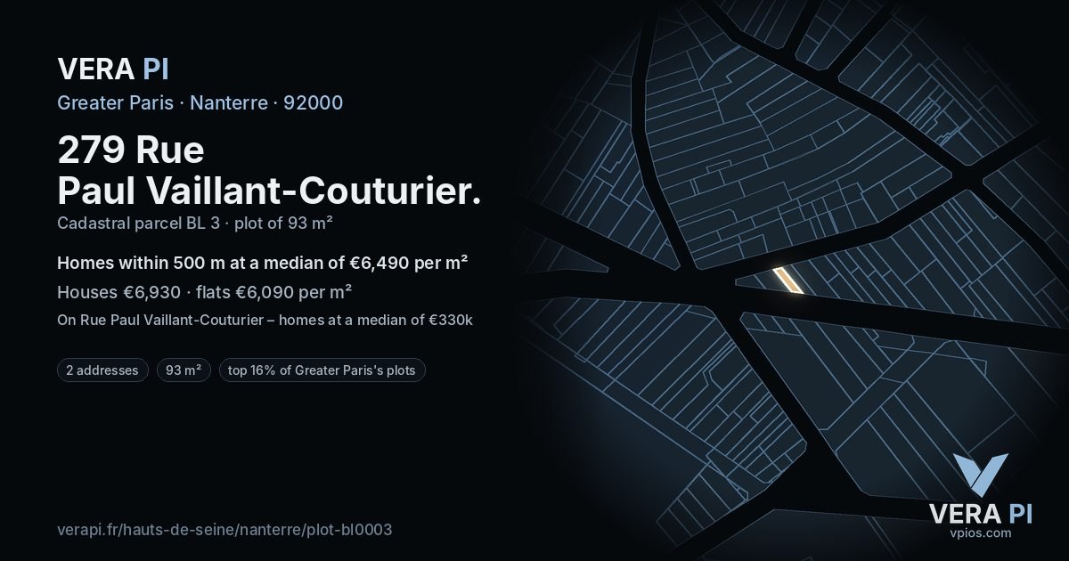 279 Rue Paul Vaillant-Couturier, Nanterre at night – the plot lit, the parcels around coloured by the prices near them