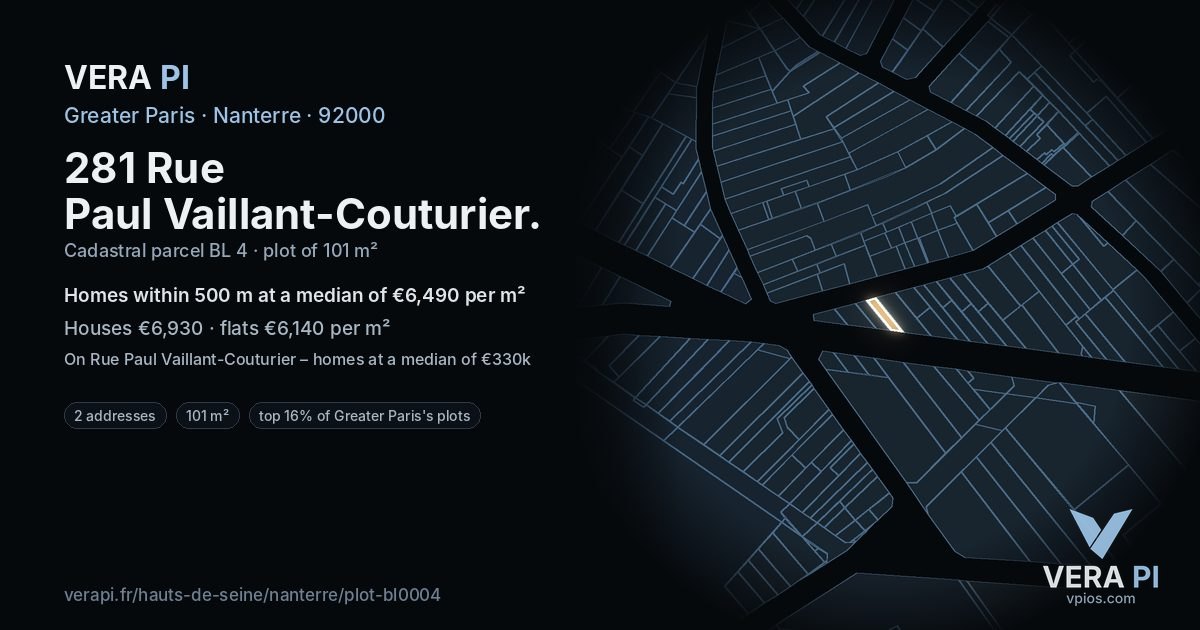 281 Rue Paul Vaillant-Couturier, Nanterre at night – the plot lit, the parcels around coloured by the prices near them