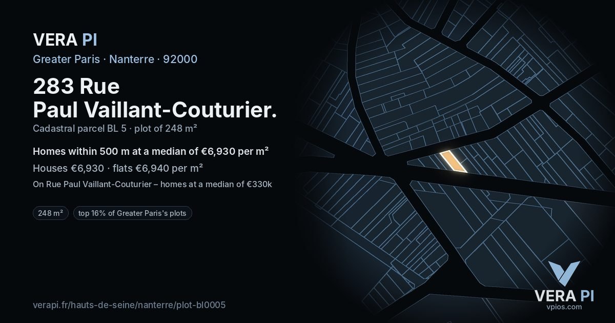 283 Rue Paul Vaillant-Couturier, Nanterre at night – the plot lit, the parcels around coloured by the prices near them