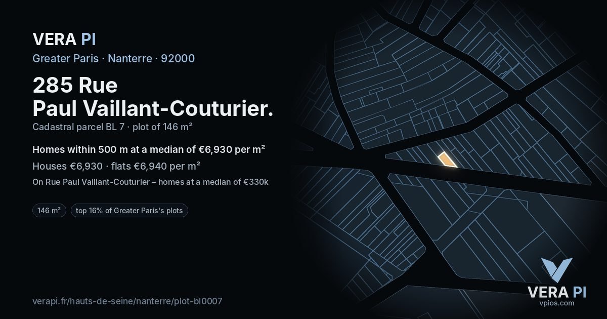 285 Rue Paul Vaillant-Couturier, Nanterre at night – the plot lit, the parcels around coloured by the prices near them