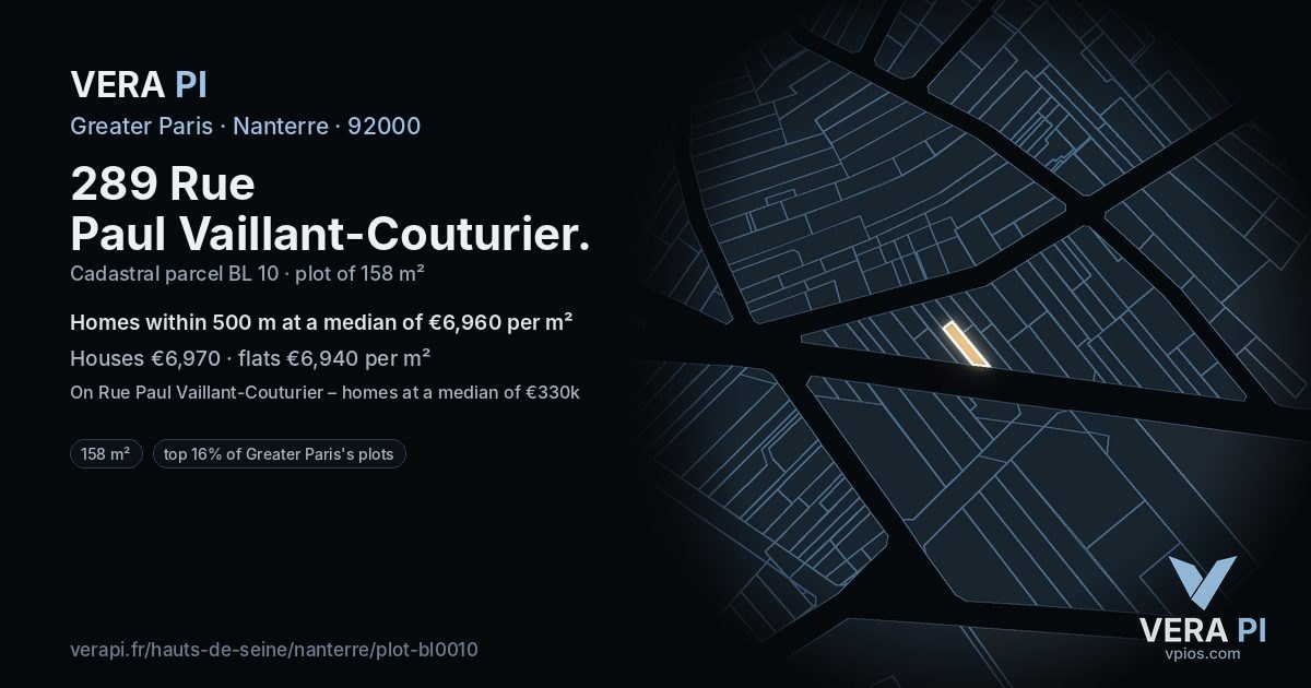 289 Rue Paul Vaillant-Couturier, Nanterre at night – the plot lit, the parcels around coloured by the prices near them