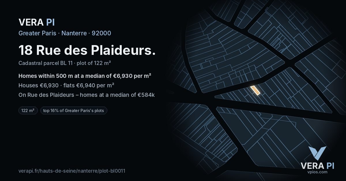 18 Rue des Plaideurs, Nanterre at night – the plot lit, the parcels around coloured by the prices near them