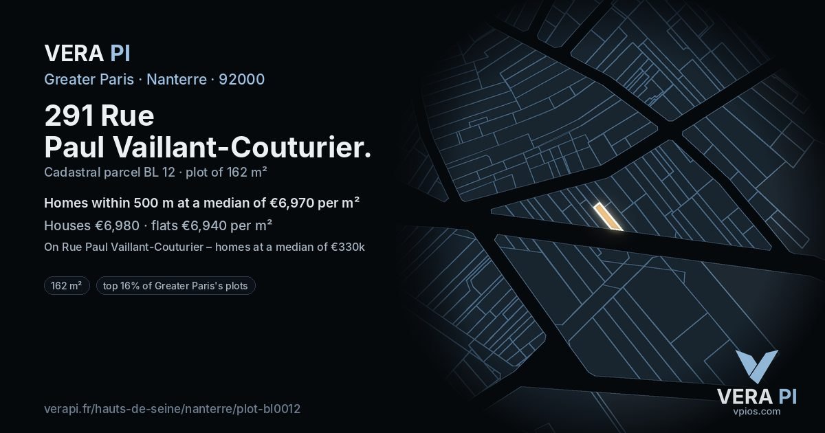 291 Rue Paul Vaillant-Couturier, Nanterre at night – the plot lit, the parcels around coloured by the prices near them