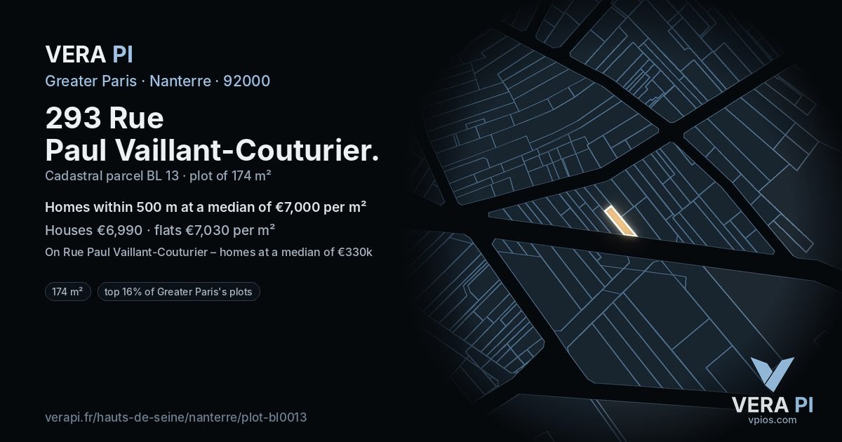 293 Rue Paul Vaillant-Couturier, Nanterre at night – the plot lit, the parcels around coloured by the prices near them
