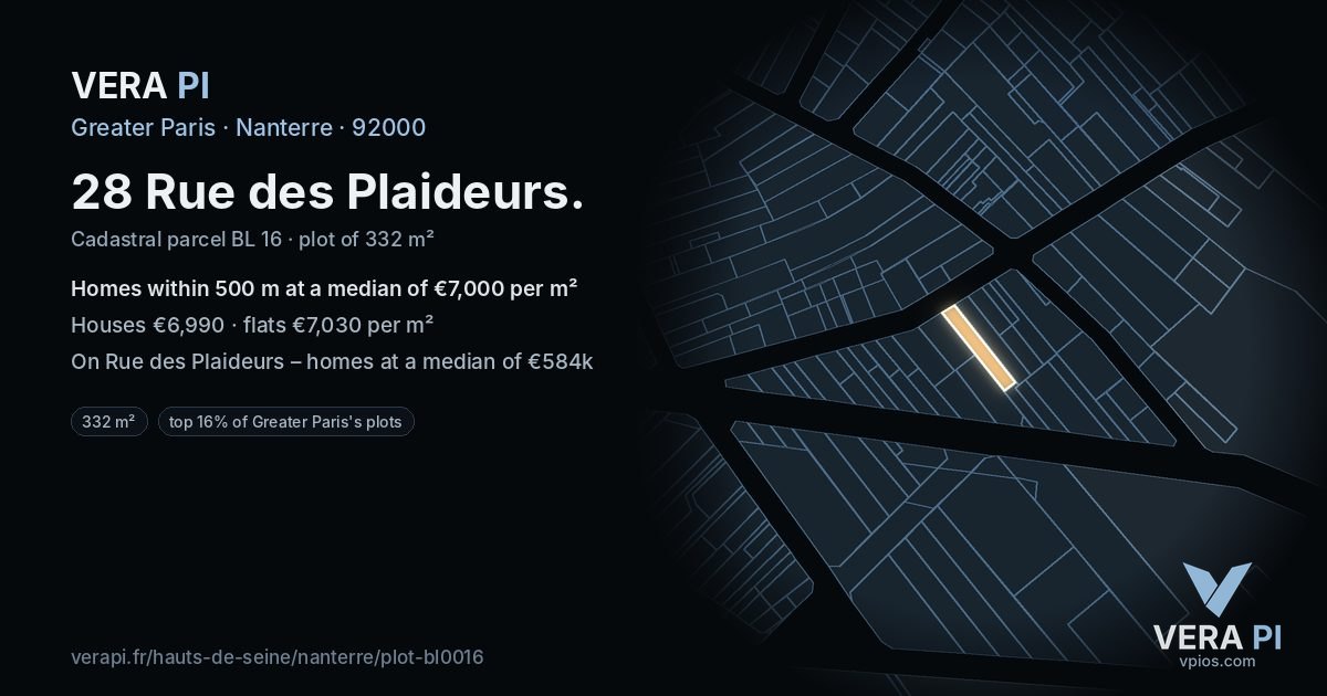 28 Rue des Plaideurs, Nanterre at night – the plot lit, the parcels around coloured by the prices near them
