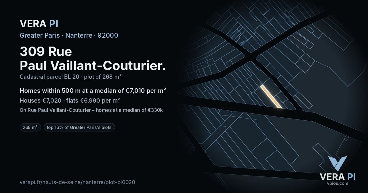 309 Rue Paul Vaillant-Couturier, Nanterre at night – the plot lit, the parcels around coloured by the prices near them