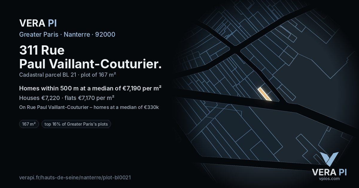 311 Rue Paul Vaillant-Couturier, Nanterre at night – the plot lit, the parcels around coloured by the prices near them