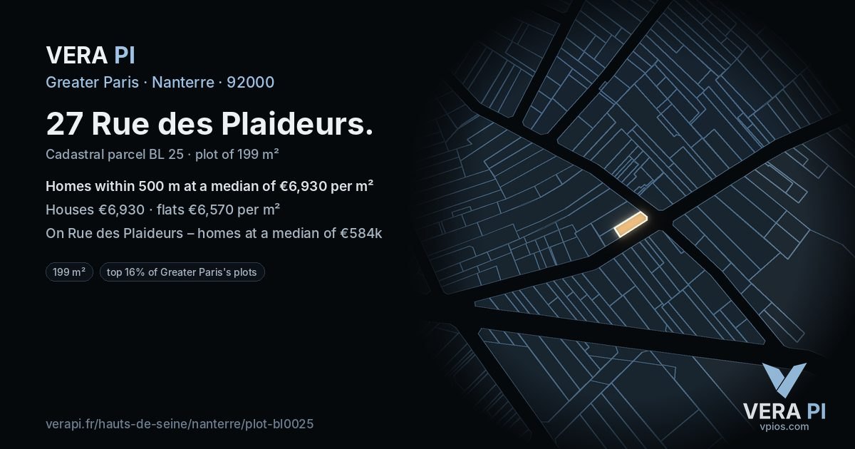 27 Rue des Plaideurs, Nanterre at night – the plot lit, the parcels around coloured by the prices near them