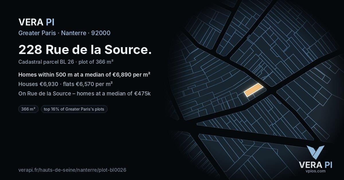 228 Rue de la Source, Nanterre at night – the plot lit, the parcels around coloured by the prices near them