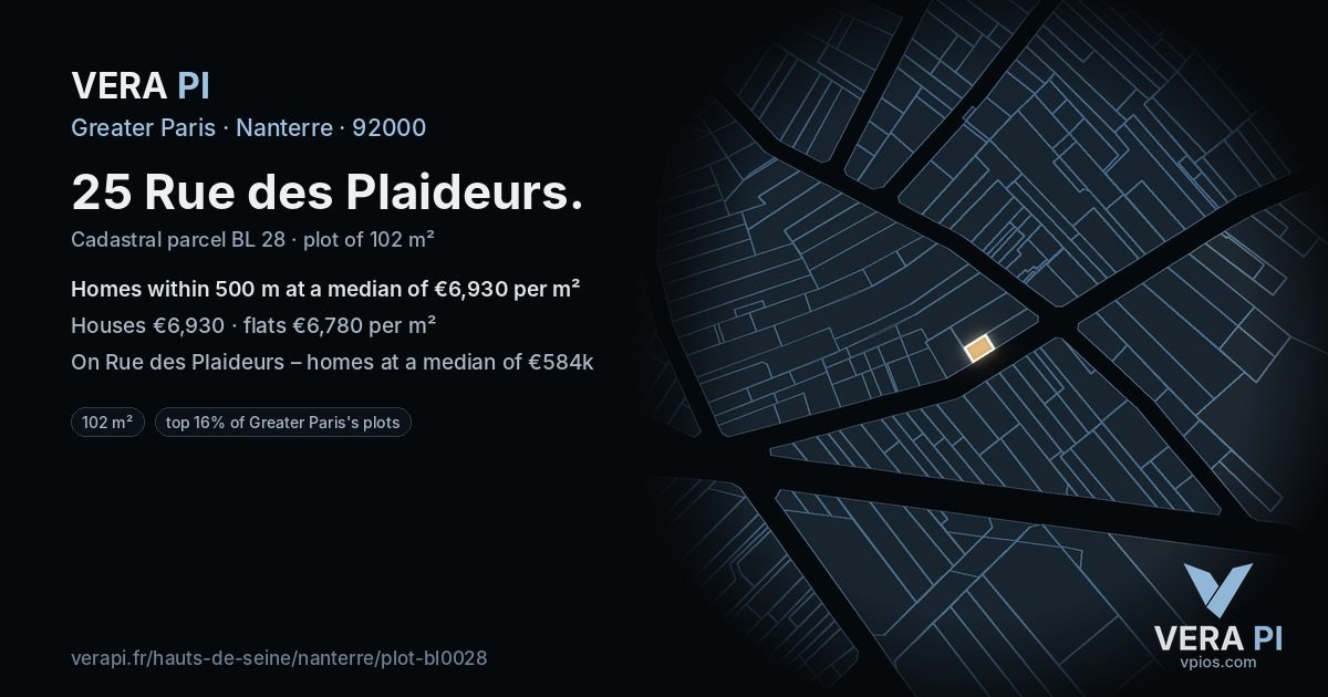25 Rue des Plaideurs, Nanterre at night – the plot lit, the parcels around coloured by the prices near them