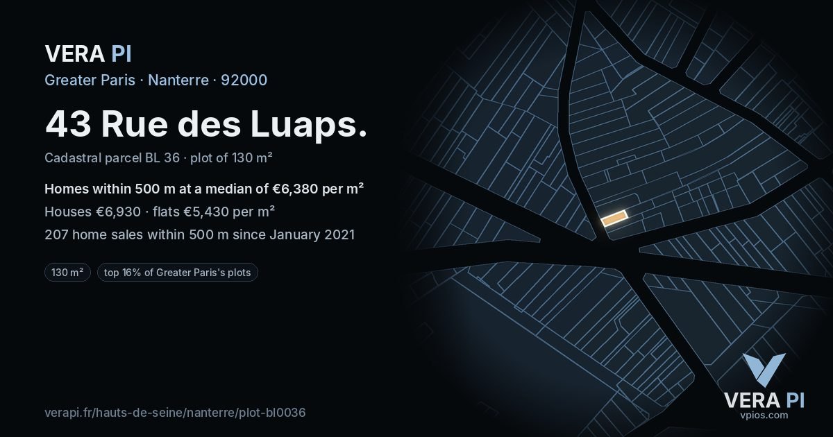 43 Rue des Luaps, Nanterre at night – the plot lit, the parcels around coloured by the prices near them