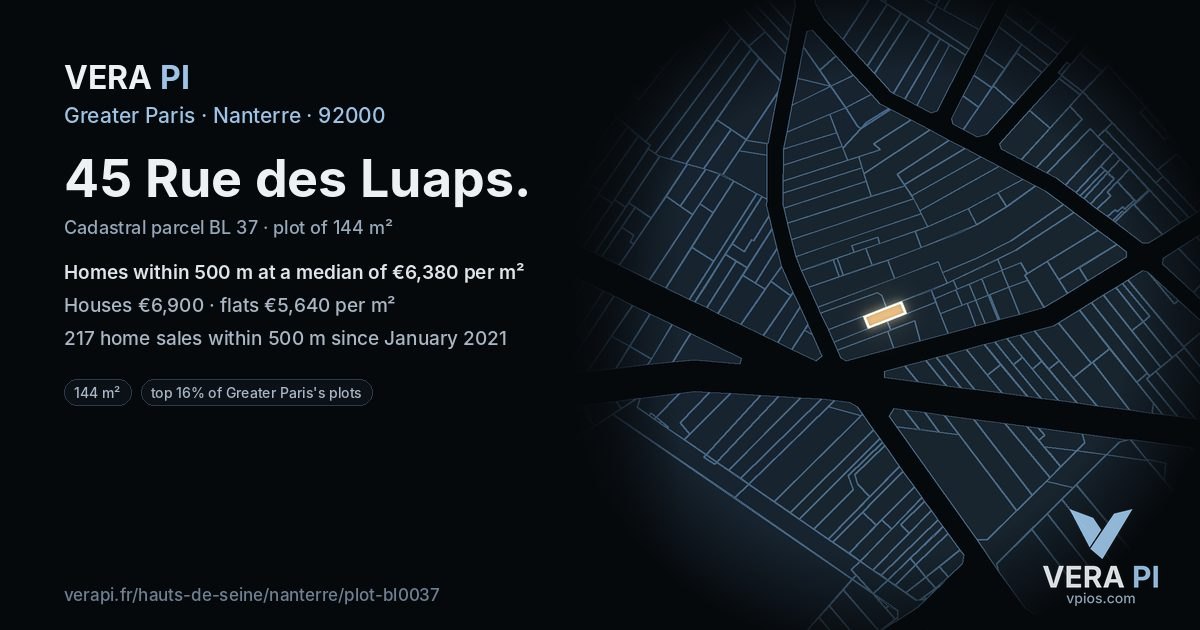 45 Rue des Luaps, Nanterre at night – the plot lit, the parcels around coloured by the prices near them