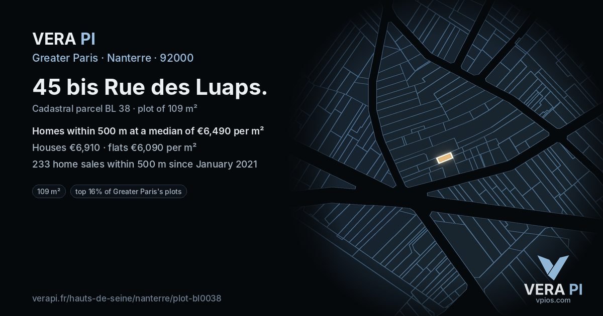 45 bis Rue des Luaps, Nanterre at night – the plot lit, the parcels around coloured by the prices near them
