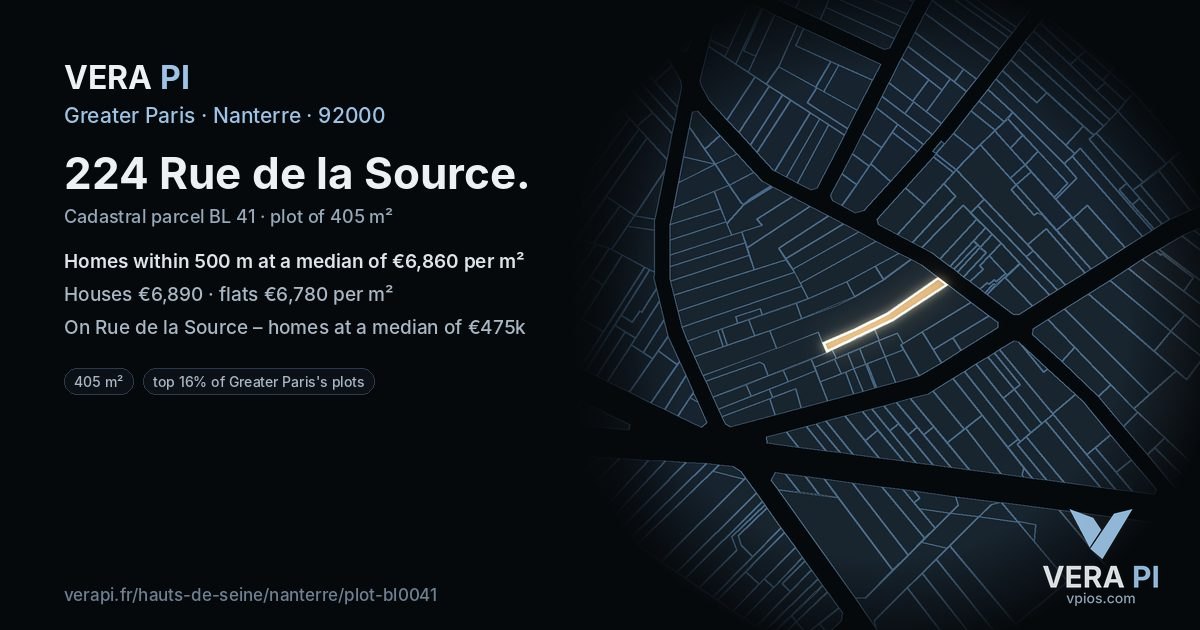 224 Rue de la Source, Nanterre at night – the plot lit, the parcels around coloured by the prices near them