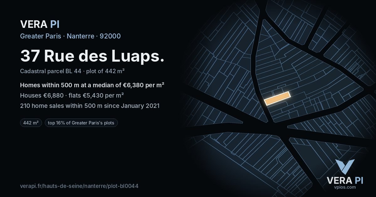 37 Rue des Luaps, Nanterre at night – the plot lit, the parcels around coloured by the prices near them