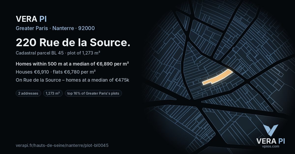 220 Rue de la Source, Nanterre at night – the plot lit, the parcels around coloured by the prices near them