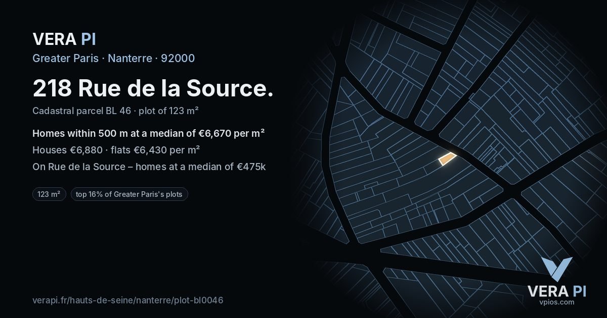 218 Rue de la Source, Nanterre at night – the plot lit, the parcels around coloured by the prices near them