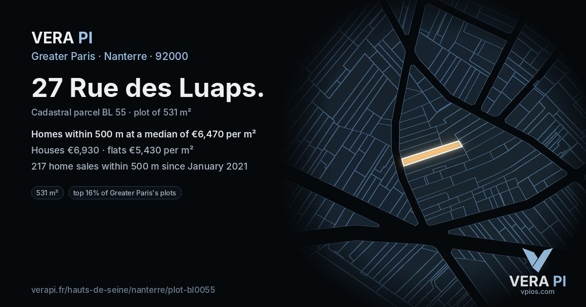 27 Rue des Luaps, Nanterre at night – the plot lit, the parcels around coloured by the prices near them