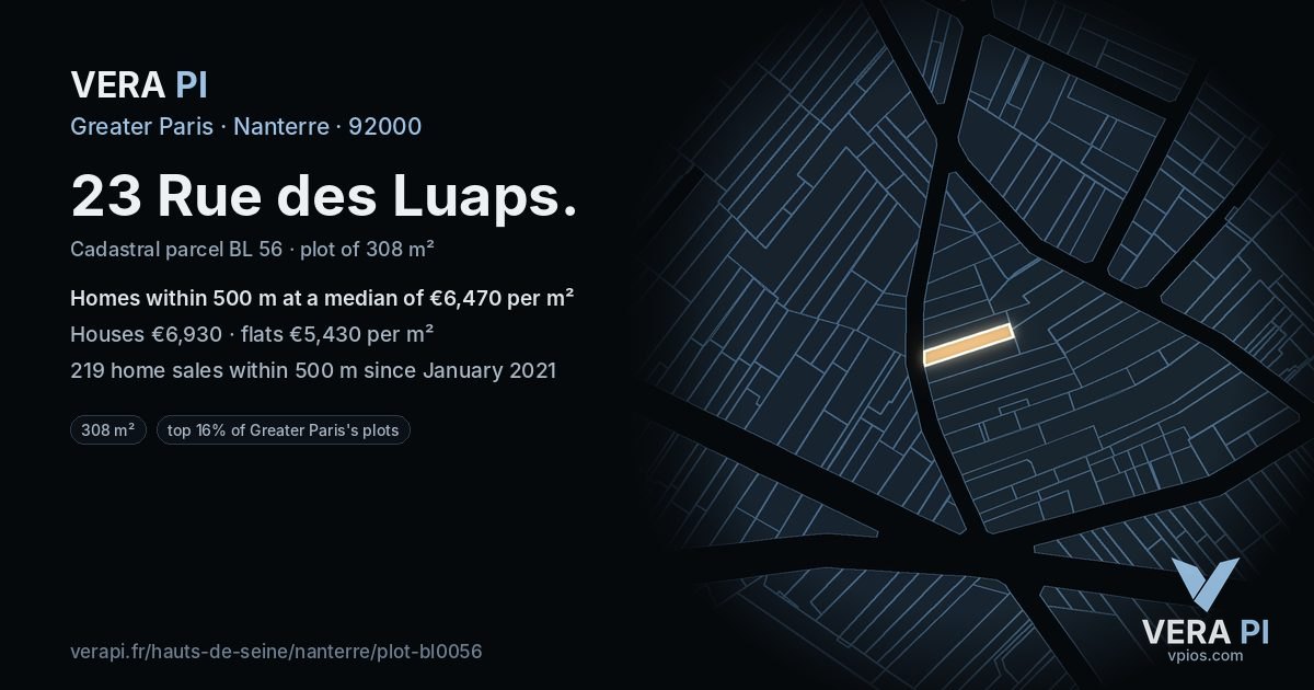 23 Rue des Luaps, Nanterre at night – the plot lit, the parcels around coloured by the prices near them