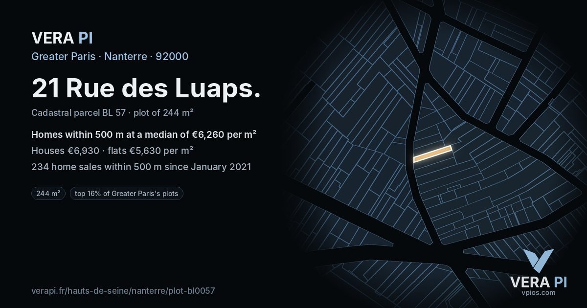 21 Rue des Luaps, Nanterre at night – the plot lit, the parcels around coloured by the prices near them