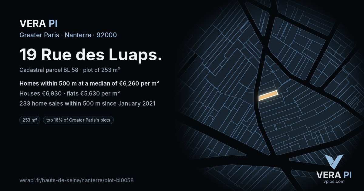 19 Rue des Luaps, Nanterre at night – the plot lit, the parcels around coloured by the prices near them
