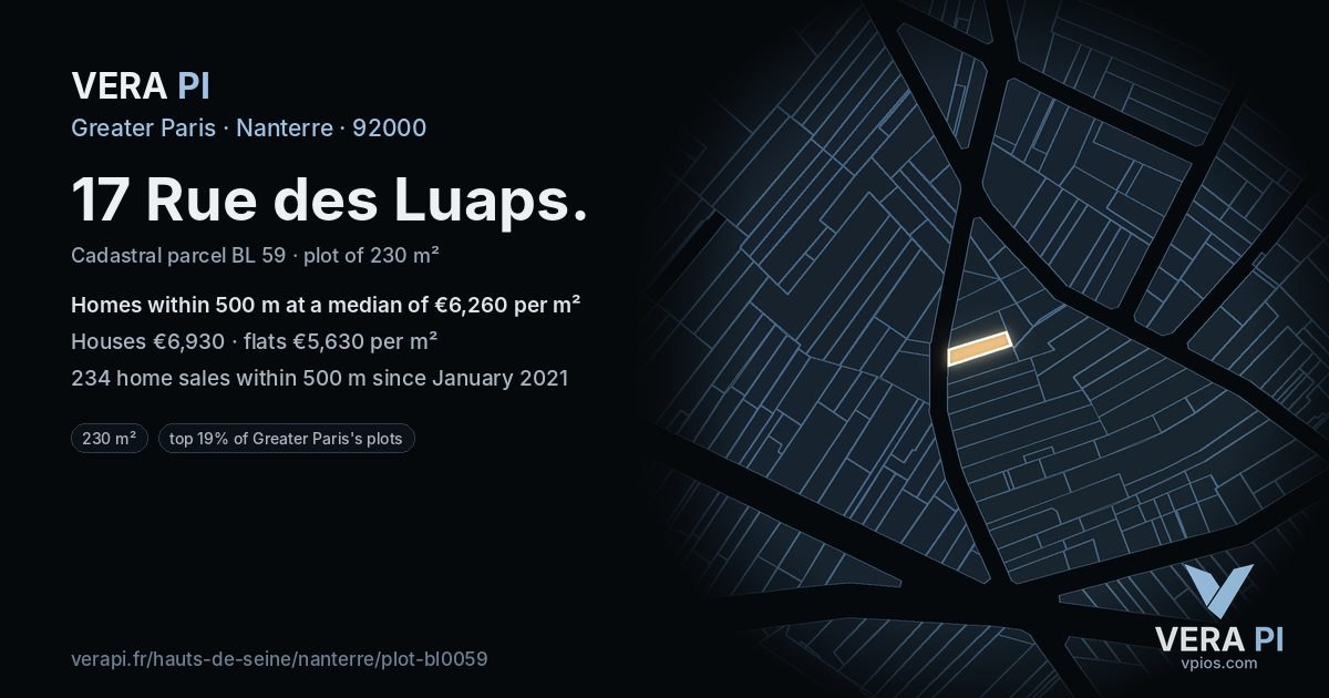 17 Rue des Luaps, Nanterre at night – the plot lit, the parcels around coloured by the prices near them