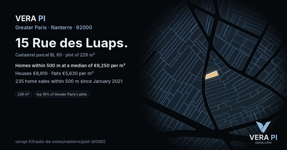 15 Rue des Luaps, Nanterre at night – the plot lit, the parcels around coloured by the prices near them