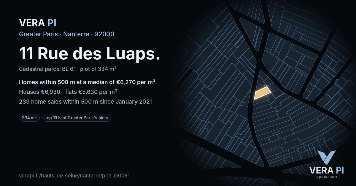 11 Rue des Luaps, Nanterre at night – the plot lit, the parcels around coloured by the prices near them
