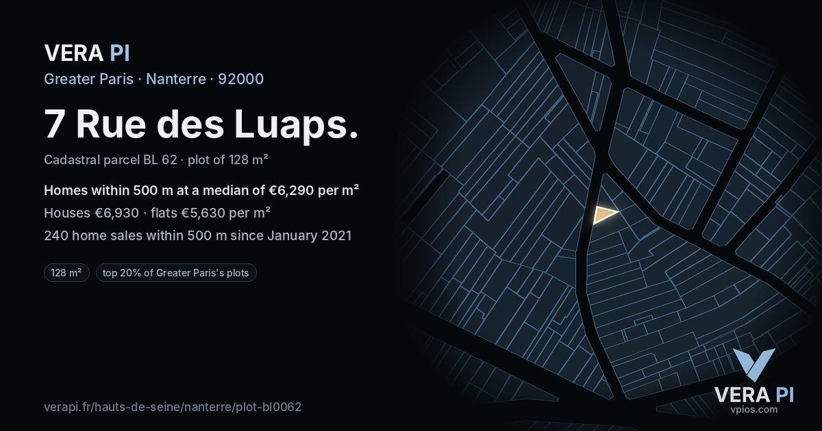 7 Rue des Luaps, Nanterre at night – the plot lit, the parcels around coloured by the prices near them